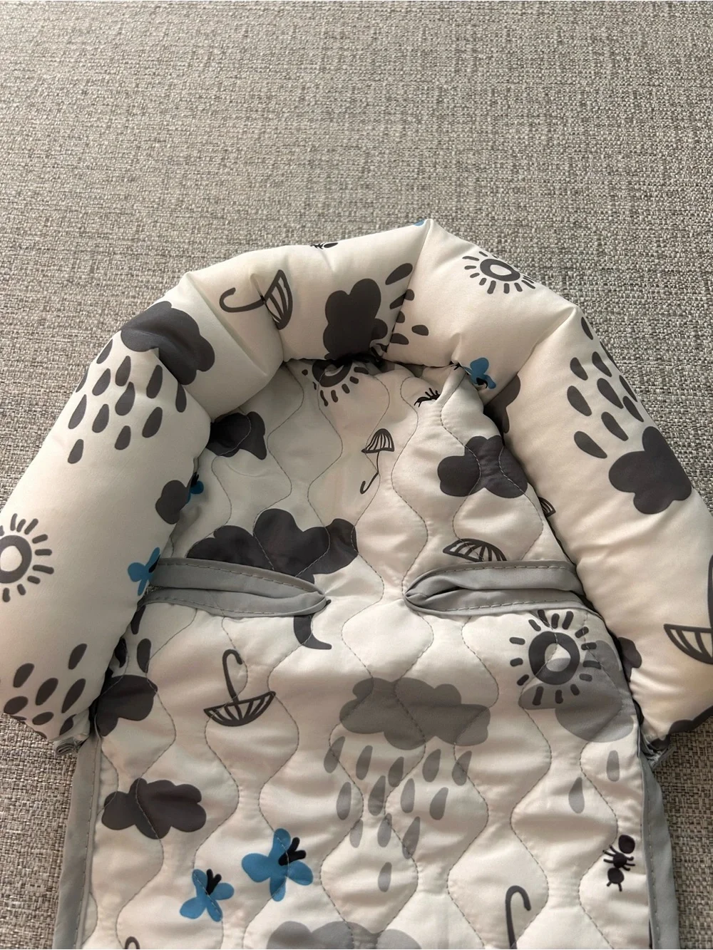 Gold Bug Quilted Hooded Baby One-Piece in Gray and Blue Car Seat/Carrier  Insert